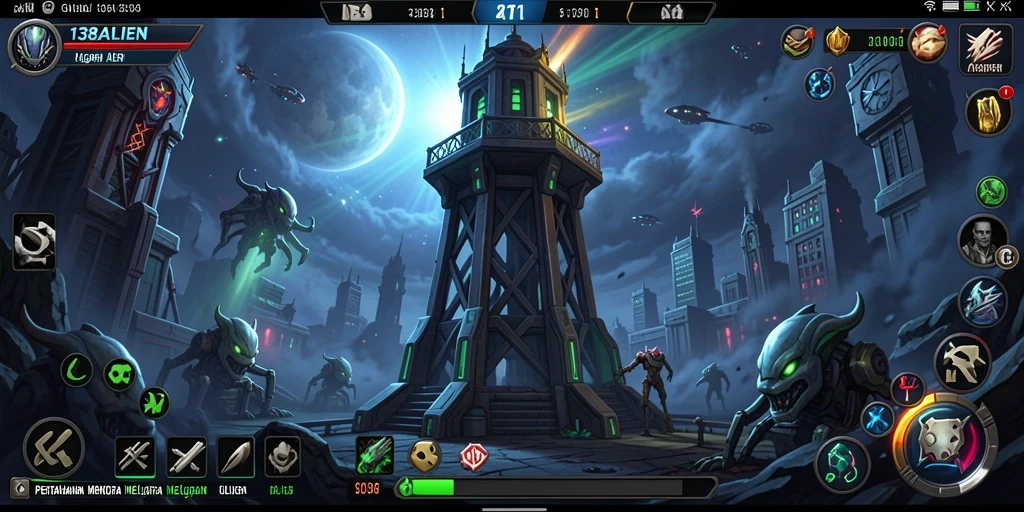 Screenshot gameplay 138ALIEN menampilkan menara yang siap melawan alien.