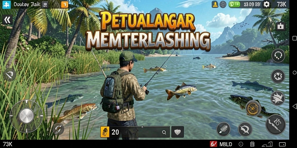 Tampilan gameplay <strong>73K</strong> dengan suasana memancing yang menakjubkan.