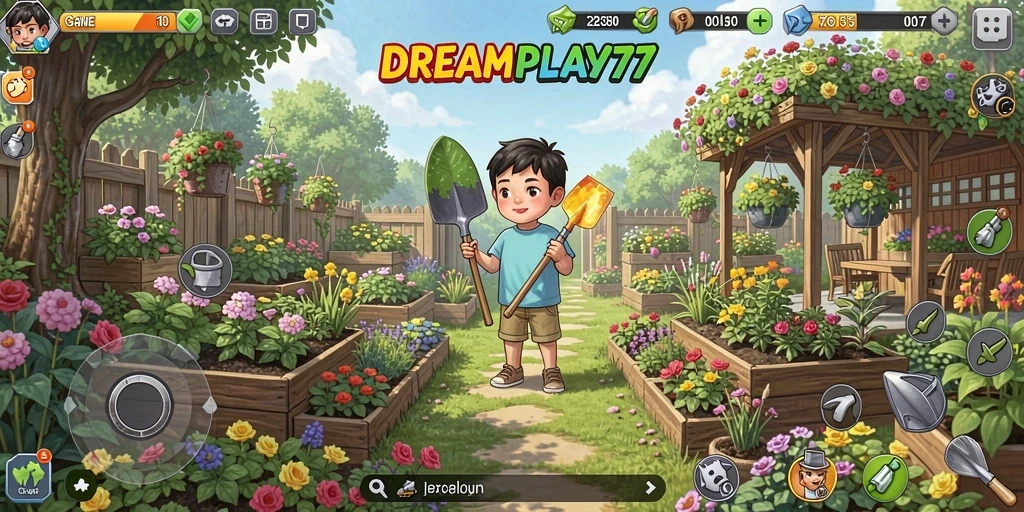 Tampilan gameplay DREAMPLAY77 saat berkebun di ladang yang ceria.