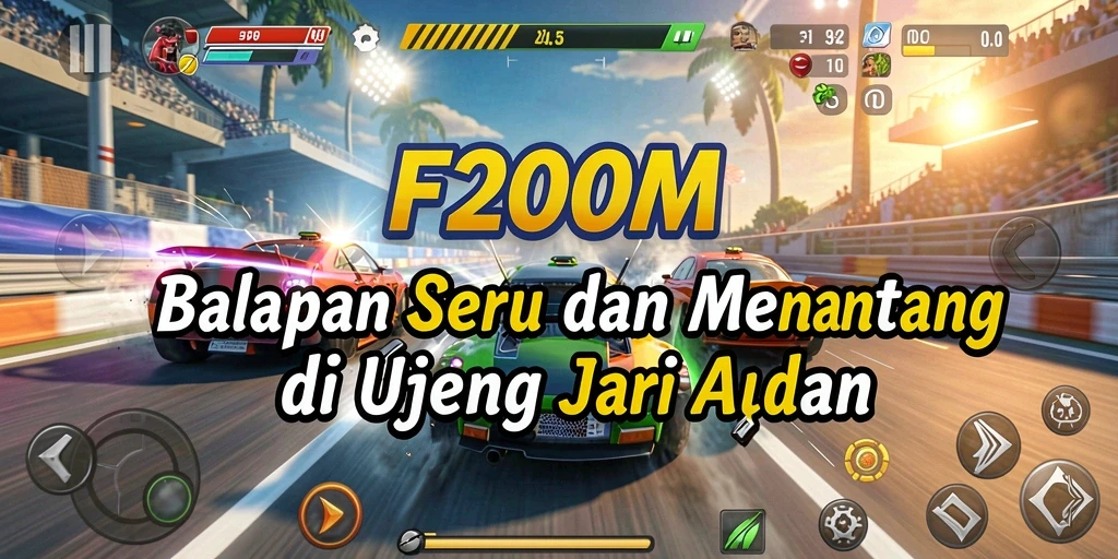 Screenshot gameplay F200M menampilkan balapan yang intens dan mendebarkan.