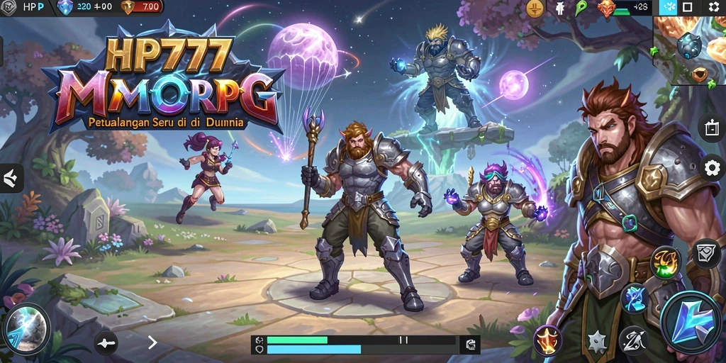 Tangkapan layar gameplay HP777 yang menampilkan pertempuran epik dan eksplorasi dunia.