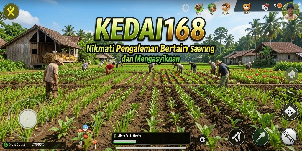 Tampilan gameplay KEDAI168 yang menggambarkan kebun dan hewan ternak.