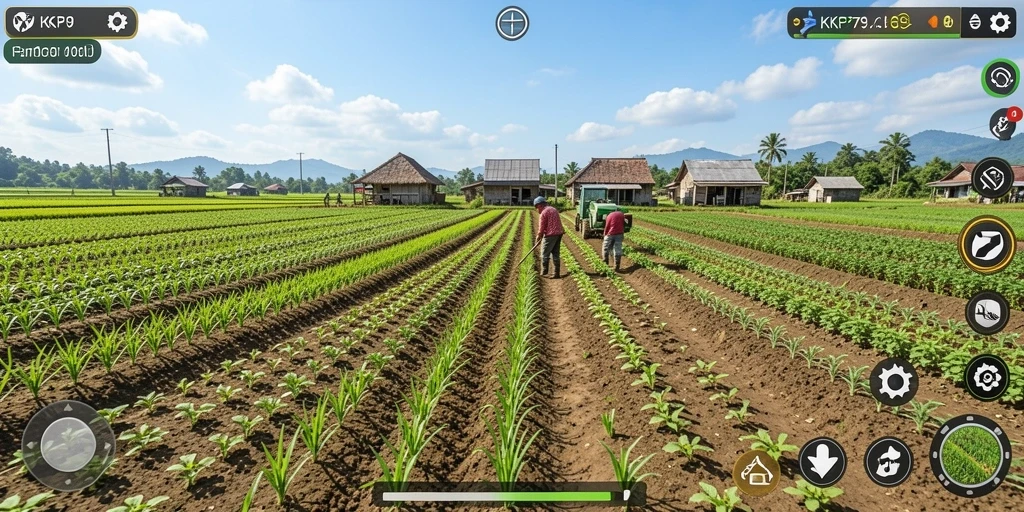 Tangkapan layar gameplay KPK79 menampilkan aktivitas bertani yang menyenangkan.