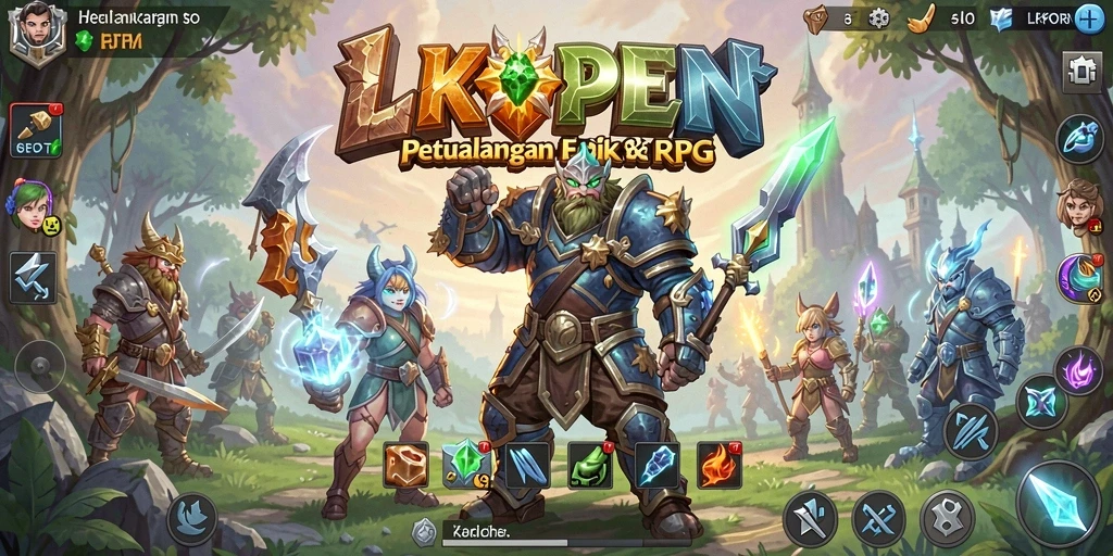 Tangkapan layar utama game LKOPEN menampilkan pertarungan mendebarkan antara pahlawan dan monster.