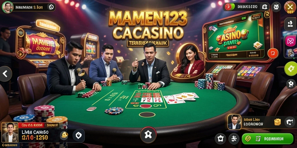 Screenshot gameplay MAMEN123 menampilkan dealer langsung dan suasana kasino.