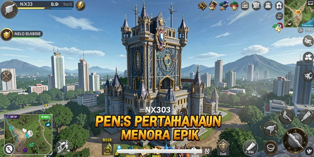 Screenshot NX303 menampilkan menara yang beraksi melawan gelombang musuh.