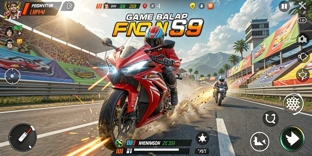 Screenshot utama S9S9 menampilkan aksi balap motor yang mendebarkan.