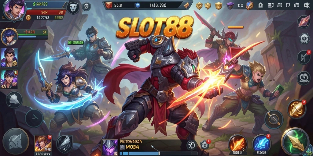 Tampilan seru gameplay pertempuran MOBA di SLOT88.