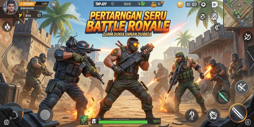 Tampilan dinamis dan seru dari gameplay TAPJOY Battle Royale.